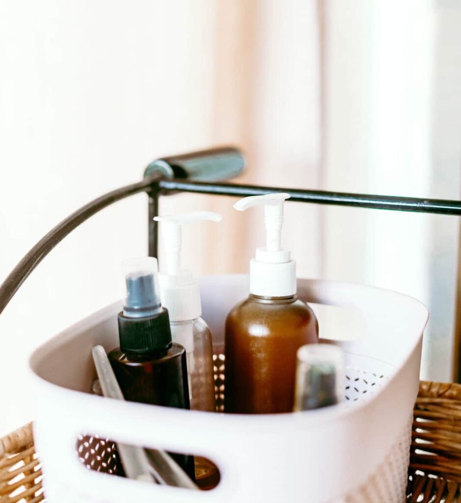 skincare products in a white basket