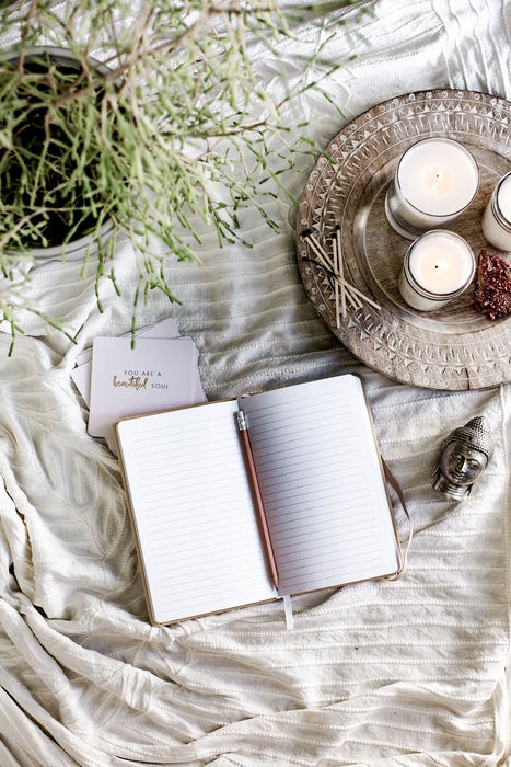 journal flatlay with angel cards and candles